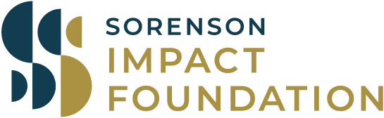 Sorenson Impact Foundation Logo, S made out of a series of half circle and title text all in gold and blue color.